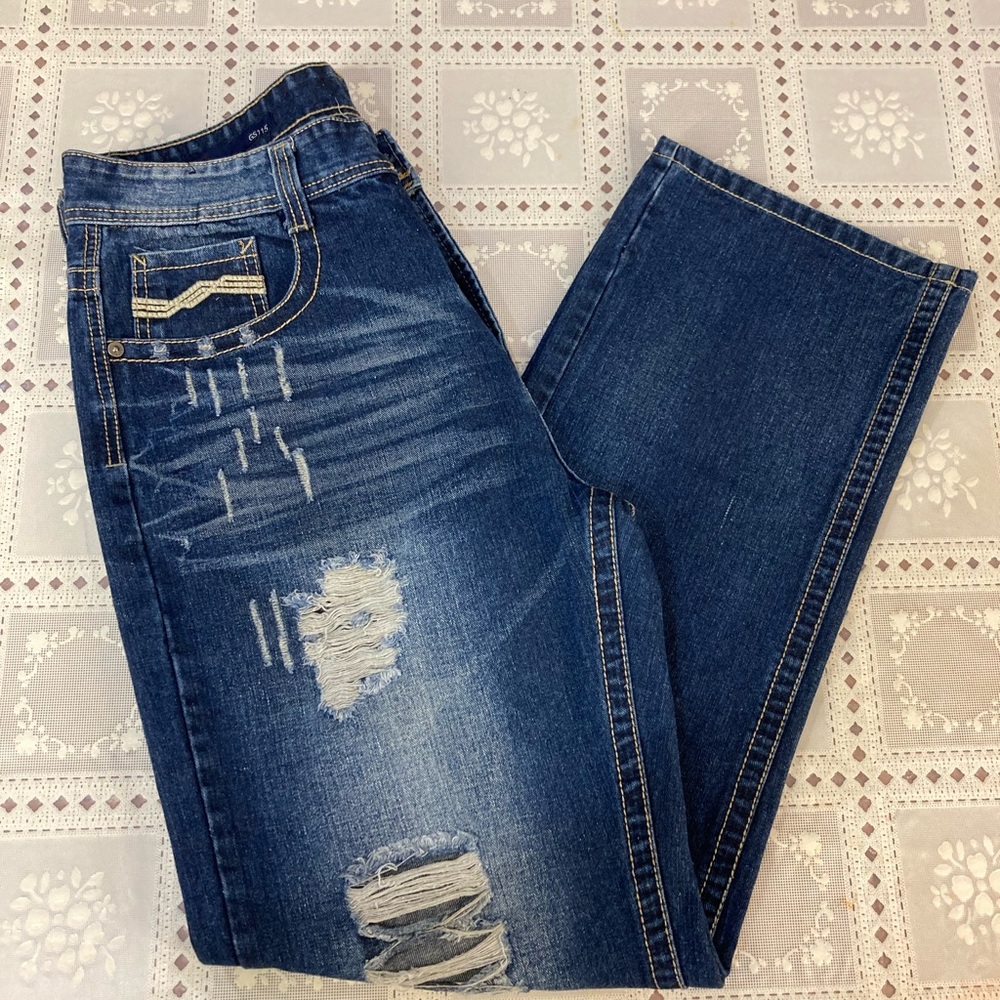 GS115 Jeans Mens 36x32 Medium Wash Cotton High Rise Distressed Blue Jeans